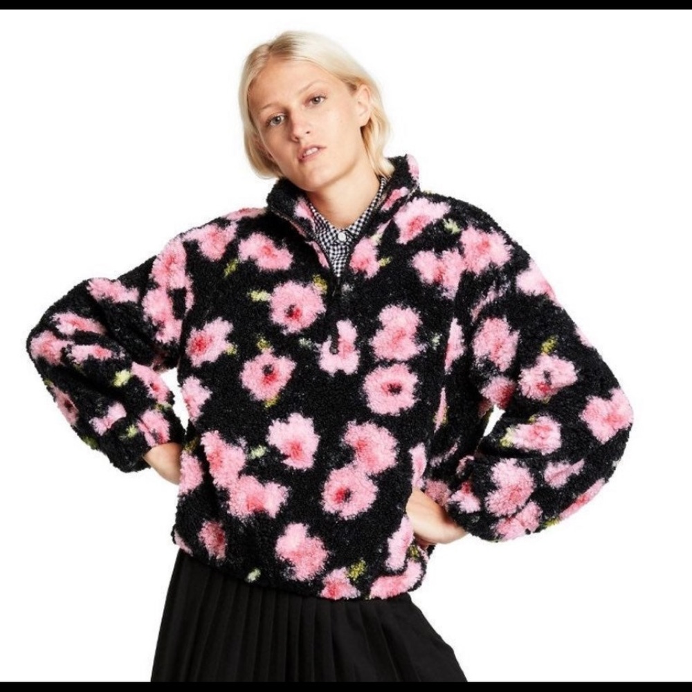 Sandy Liang x target  - womens floral print sherpa Jacket Pink/Black size XS